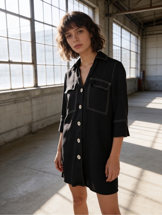 Zara Dresses & Skirts - Zara Black Shirt Dress with White Contrast Stitching